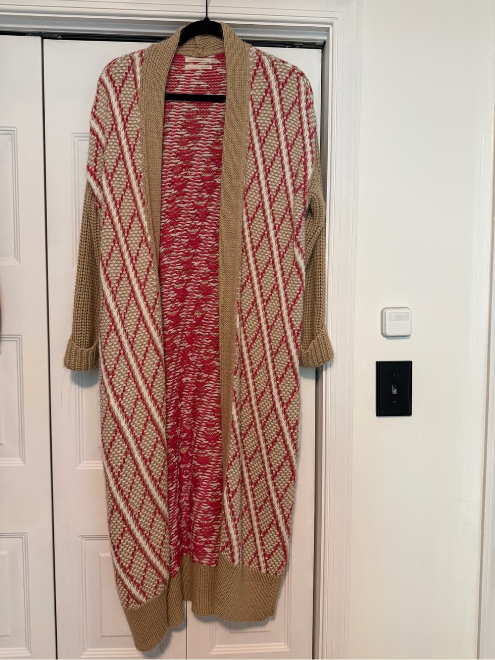Anthropologie Beige and Pink Long Open-Front Knit Cardigan